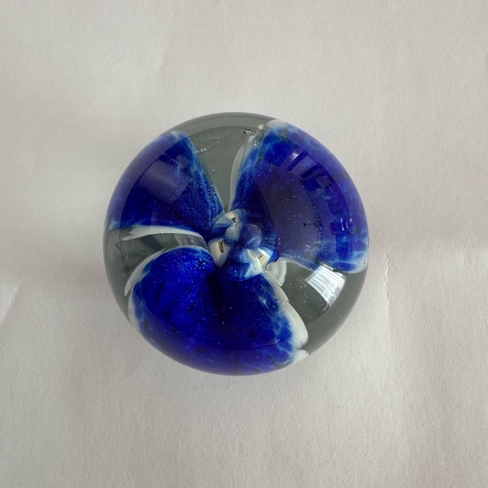 Clear Round Glass Paper Weight Blue Flower Petals